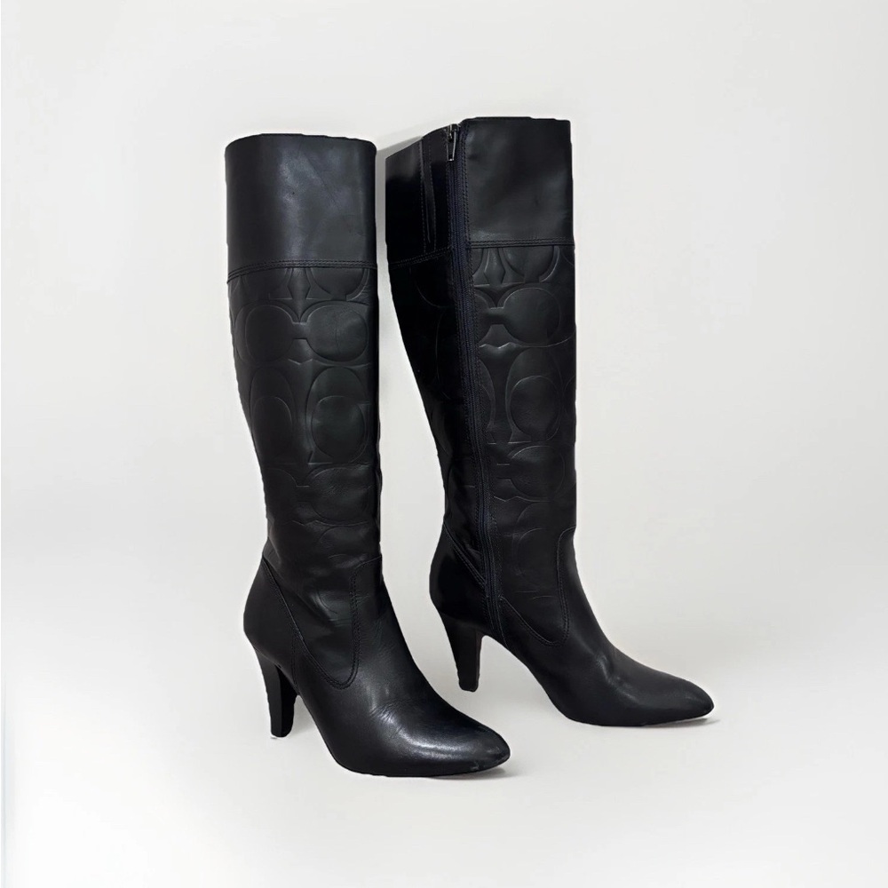 Coach Black Leather Knee High Boots Heeled Signature C Logo 7B Italy Fall/Winter